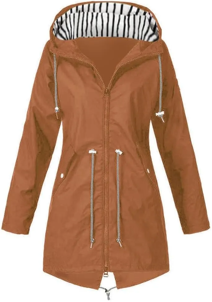 Wkishenl Lightweight Rain Jacket Women Plus Size Drawstring Hooded Windproof Rain Coats Lightweight Zip Trench Coat