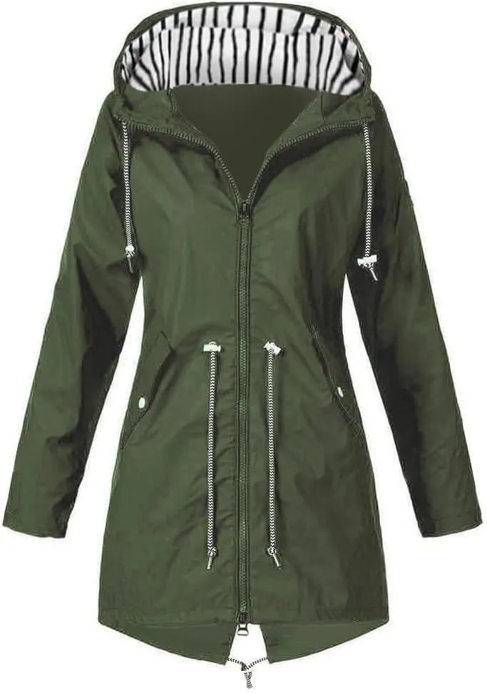Wkishenl Lightweight Rain Jacket Women Plus Size Drawstring Hooded Windproof Rain Coats Lightweight Zip Trench Coat
