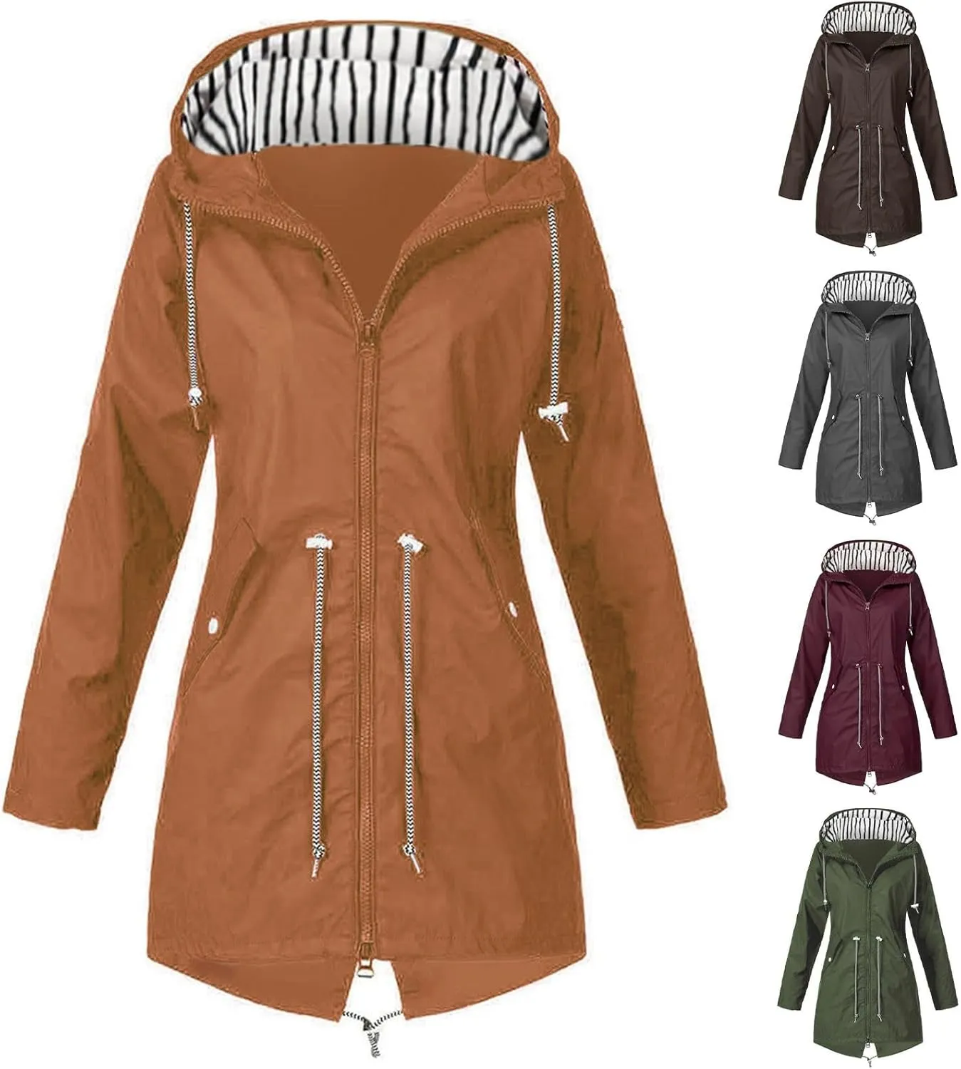 Wkishenl Lightweight Rain Jacket Women Plus Size Drawstring Hooded Windproof Rain Coats Lightweight Zip Trench Coat