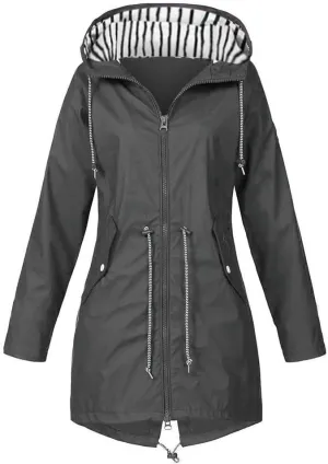 Wkishenl Lightweight Rain Jacket Women Plus Size Drawstring Hooded Windproof Rain Coats Lightweight Zip Trench Coat