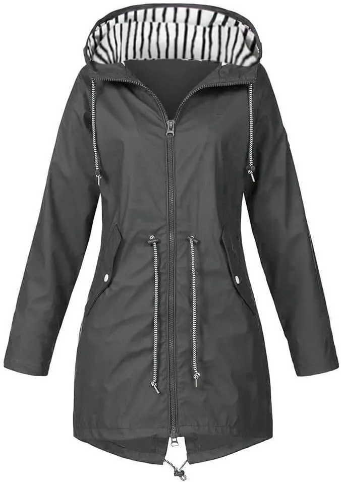 Wkishenl Lightweight Rain Jacket Women Plus Size Drawstring Hooded Windproof Rain Coats Lightweight Zip Trench Coat