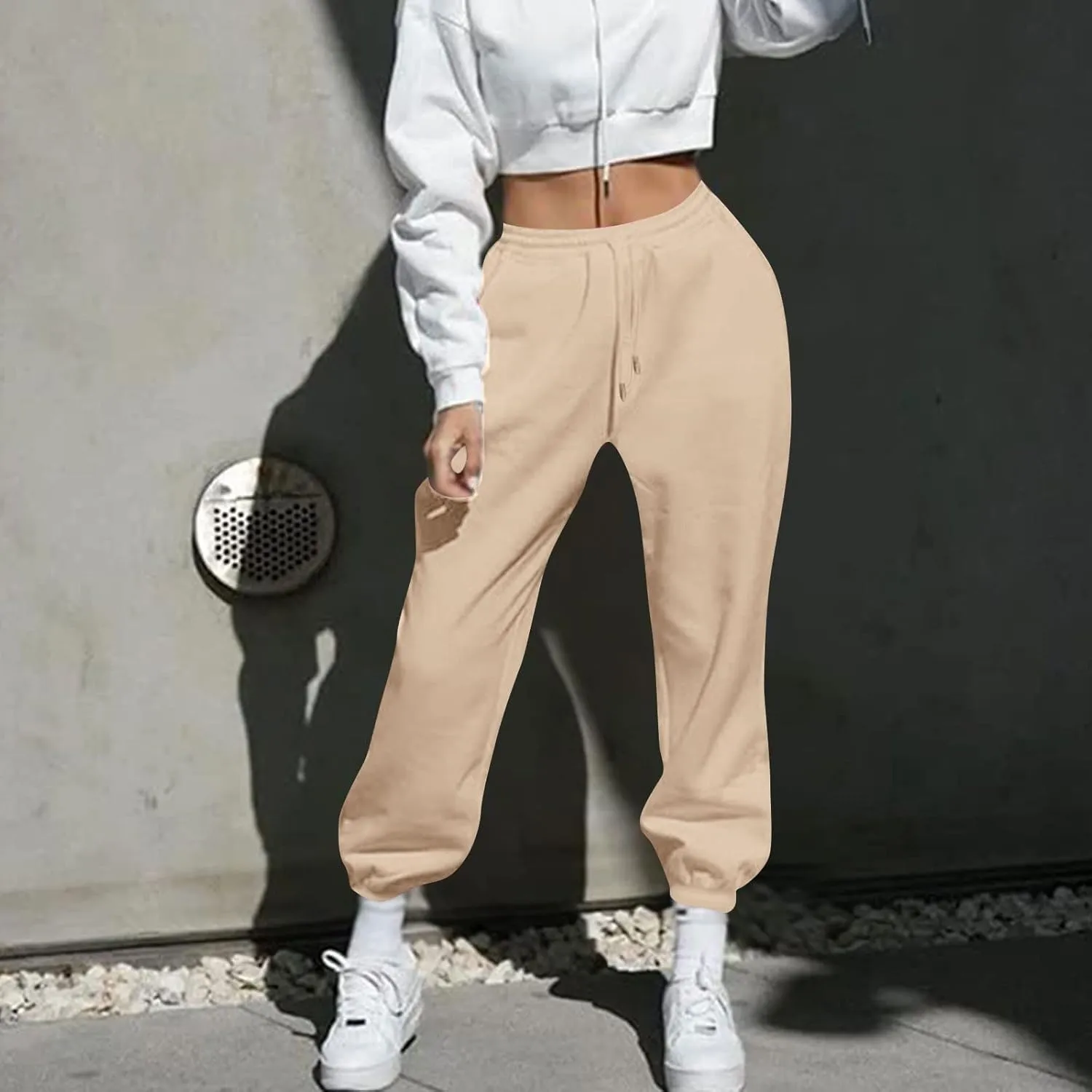 Women Baggy Sweatpants Fleece Cinch Bottom Joggers Pants High Waisted Elastic Athletic Fit Comfy Lounge Trousers