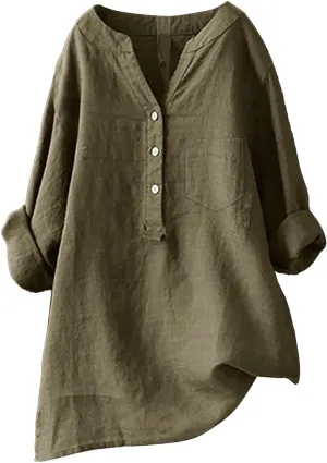 Women Casual V Neck Stand Up Collar Button Cotton Shirts Long Sleeve Loose Fit Blouse Tunic Top with Pockets