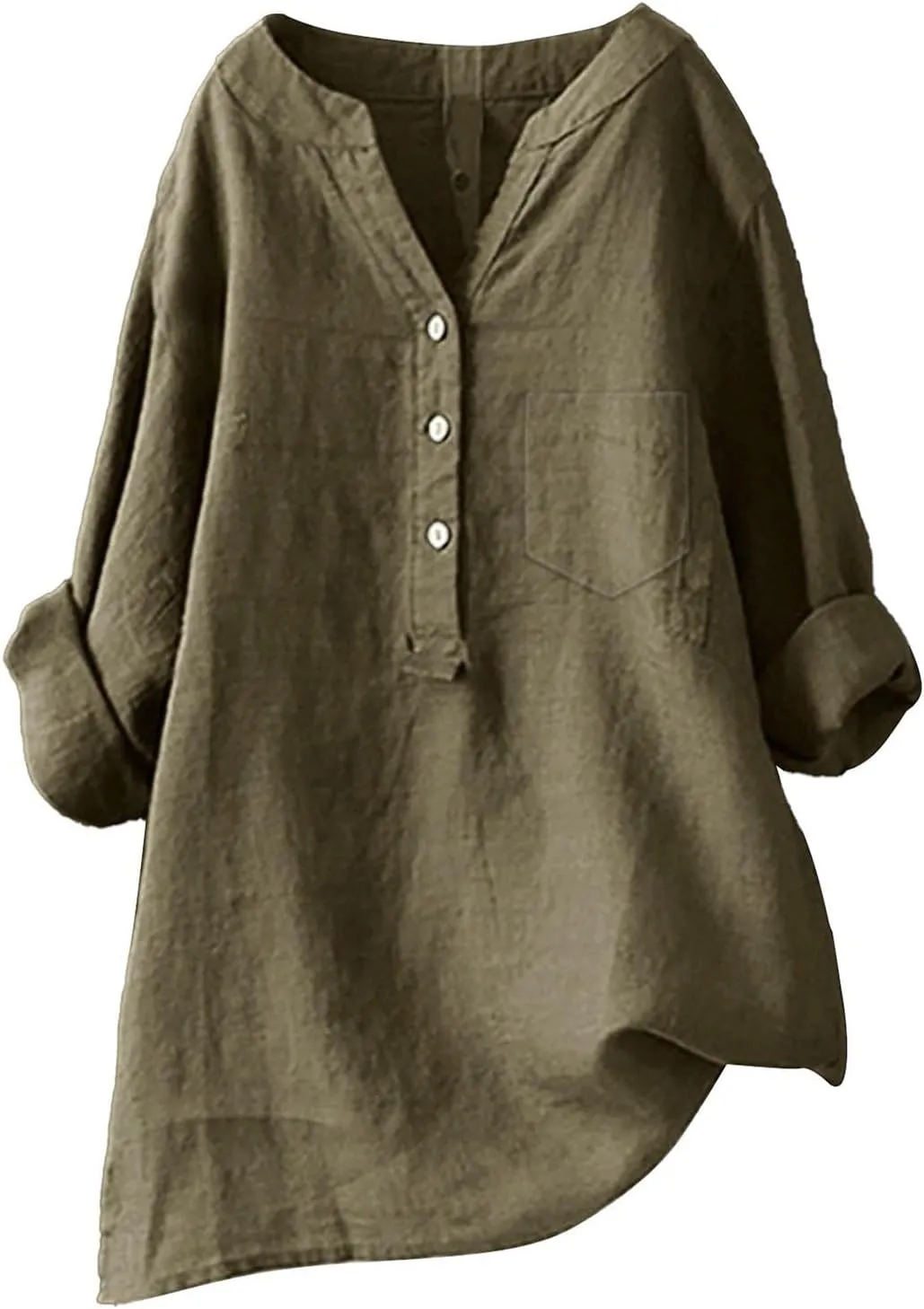 Women Casual V Neck Stand Up Collar Button Cotton Shirts Long Sleeve Loose Fit Blouse Tunic Top with Pockets