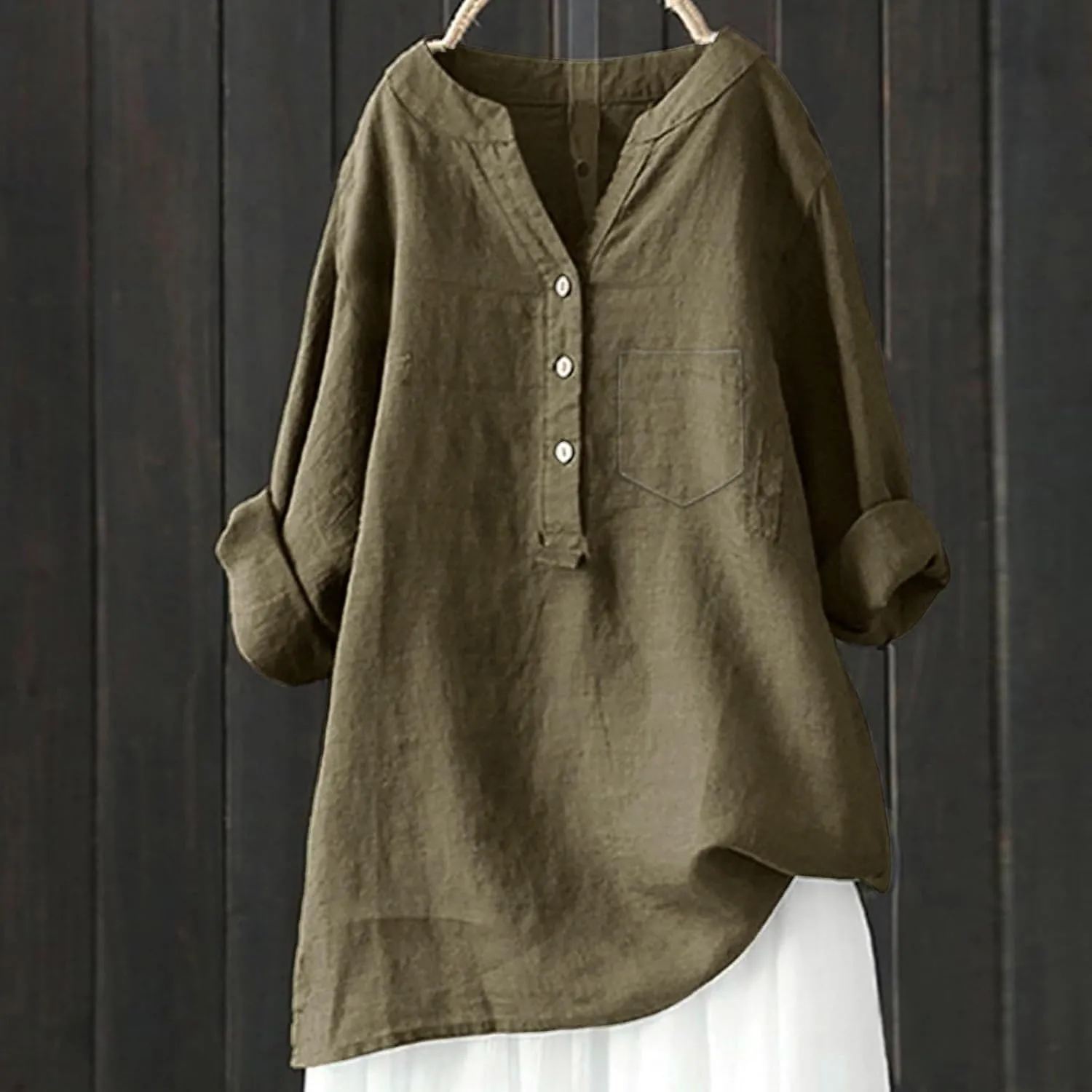 Women Casual V Neck Stand Up Collar Button Cotton Shirts Long Sleeve Loose Fit Blouse Tunic Top with Pockets