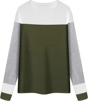 Women Colorblock Round Neck All Match Slim Top Long Sleeve Shirts Pullover Sweatshirt Tops Patched Stripe Shirt Top