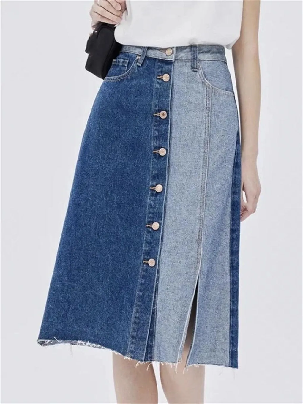 Women Contrast Split Denim Skirt Casual Split Hem Jeans Hem Half Length Skirts Streetwear