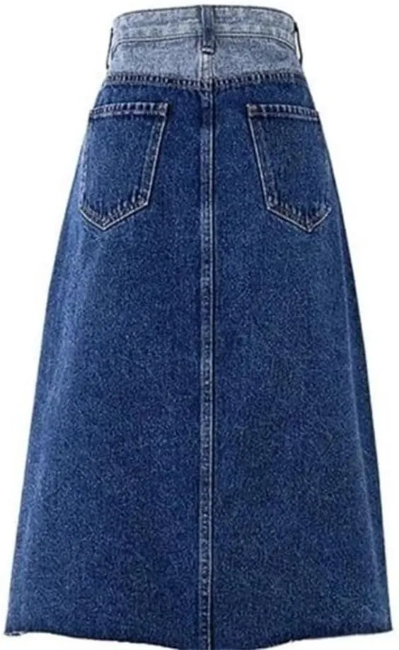 Women Contrast Split Denim Skirt Casual Split Hem Jeans Hem Half Length Skirts Streetwear
