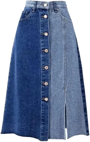 Women Contrast Split Denim Skirt Casual Split Hem Jeans Hem Half Length Skirts Streetwear