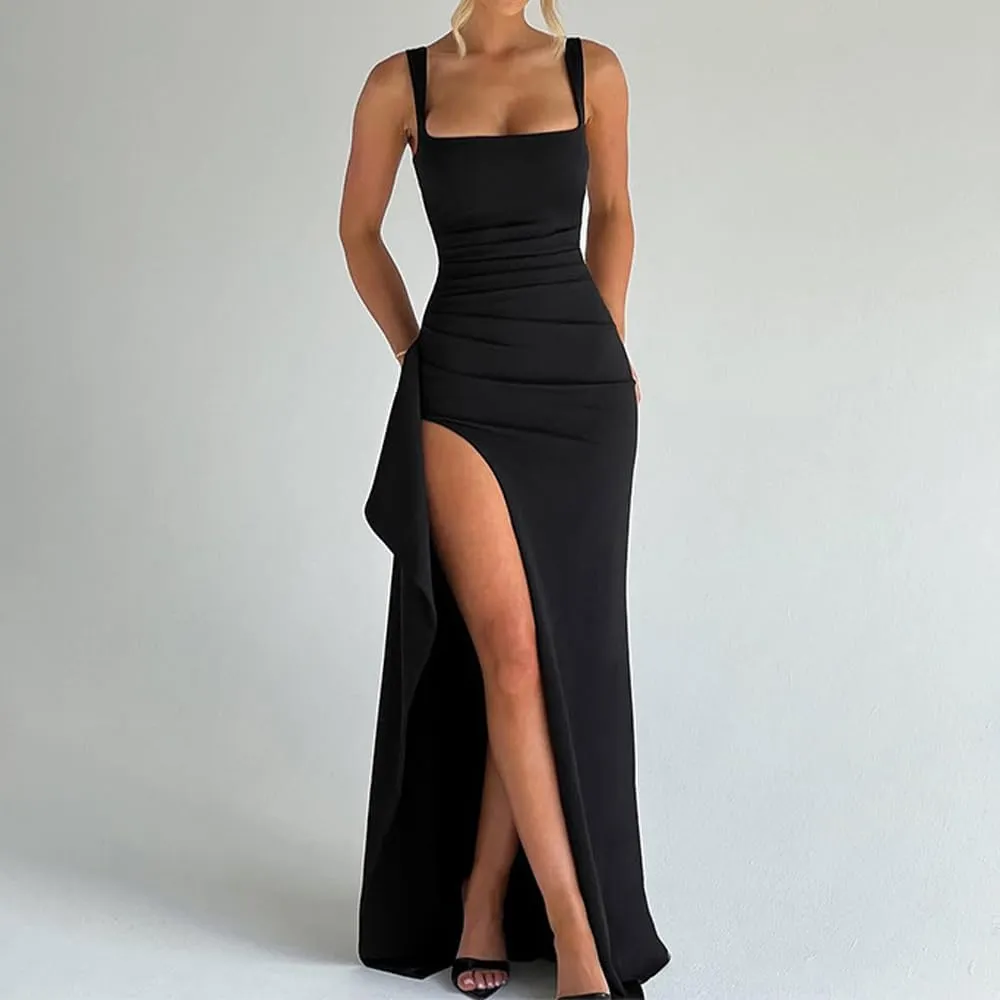 Women Formal Dresses Sleeveless Bodycon Ruched High Slit Sexy Maxi Dress Cocktail Prom