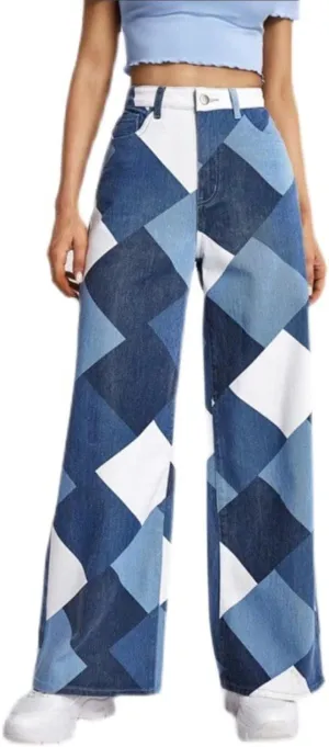 Women High Waisted Jeans Straight Leg Stretch Floral Denim Jeans Colorblocks Patchwork Printed Pants XS-2XL (Blue,2XL,US,Alpha,Regular,Regular,XX-Large)