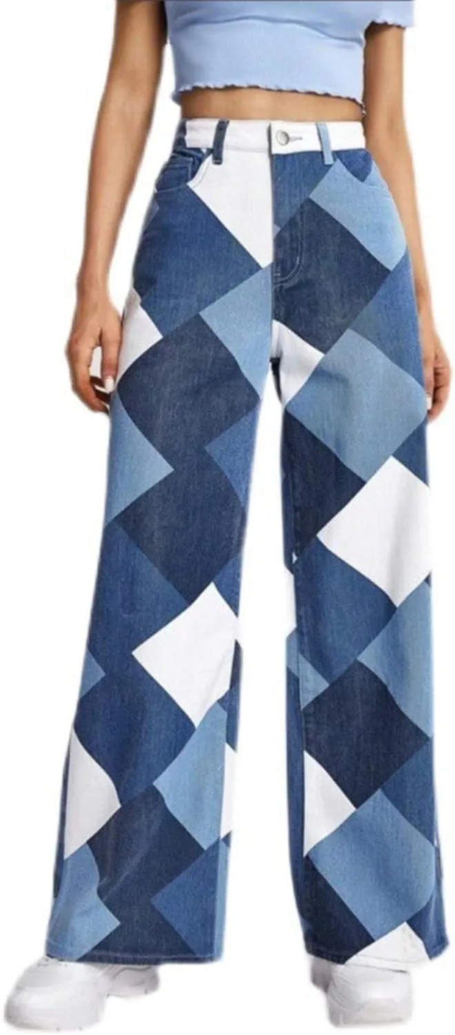 Women High Waisted Jeans Straight Leg Stretch Floral Denim Jeans Colorblocks Patchwork Printed Pants XS-2XL (Blue,2XL,US,Alpha,Regular,Regular,XX-Large)