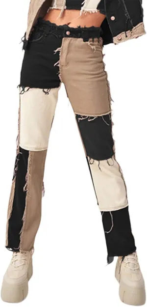 Women High Waisted Jeans Y2K Style Stretch Patchwork Straight Denim Pants Ladies Sexy Slim A-Line Pencil Trousers