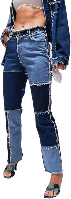 Women High Waisted Jeans Y2K Style Stretch Patchwork Straight Denim Pants Ladies Sexy Slim A-Line Pencil Trousers