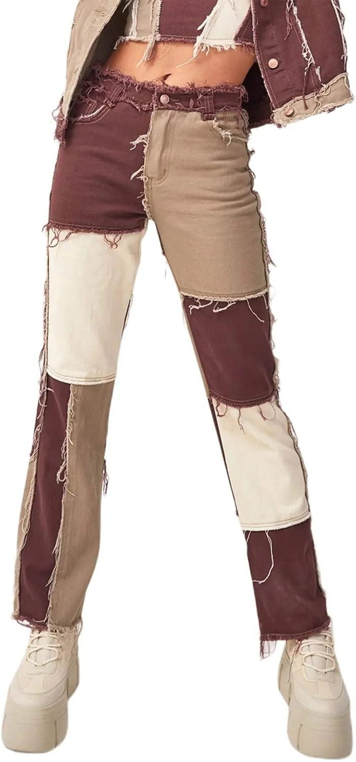 Women High Waisted Jeans Y2K Style Stretch Patchwork Straight Denim Pants Ladies Sexy Slim A-Line Pencil Trousers