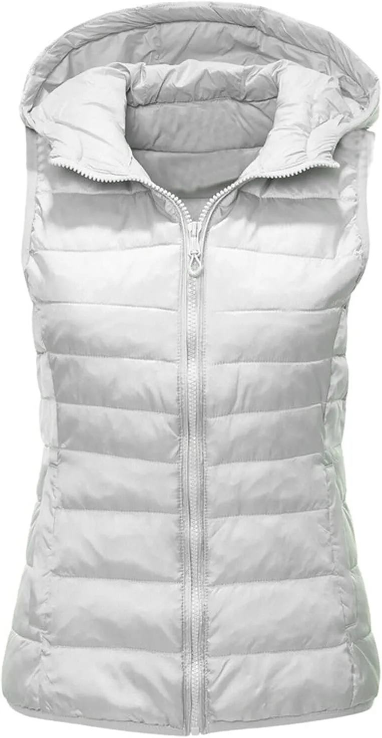 Women Lightweight Down Puffer Vest Zip Hoodie Winter Coat Sleeveless Lightweight Outerwear Down Jacket with Pockets