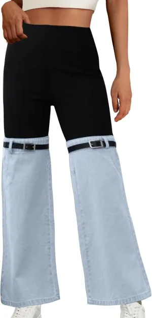 Women Patchwork Flare Jeans Stretch High Waisted Bell Bottom Denim Pants Wide Leg Fashion Y2k Color Block Trousers