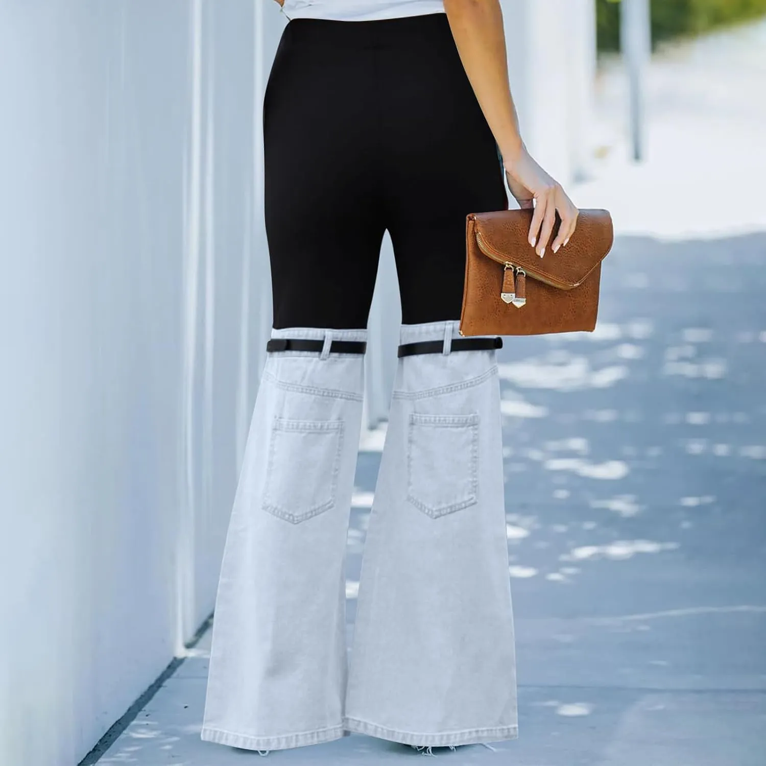 Women Patchwork Flare Jeans Stretch High Waisted Bell Bottom Denim Pants Wide Leg Fashion Y2k Color Block Trousers
