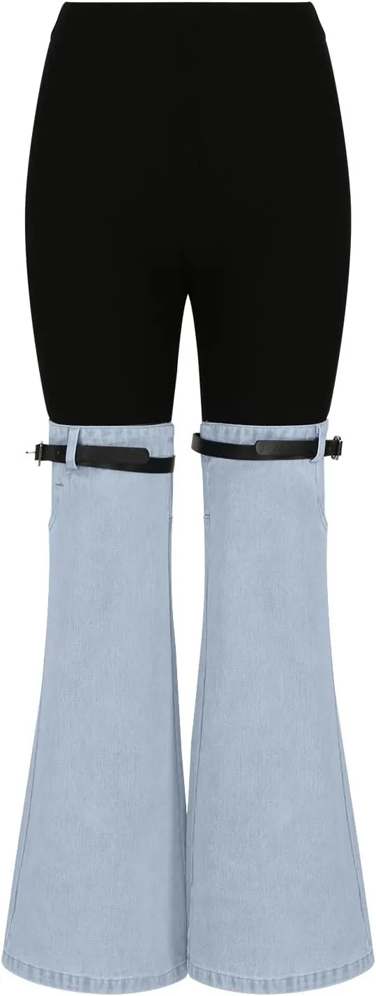 Women Patchwork Flare Jeans Stretch High Waisted Bell Bottom Denim Pants Wide Leg Fashion Y2k Color Block Trousers