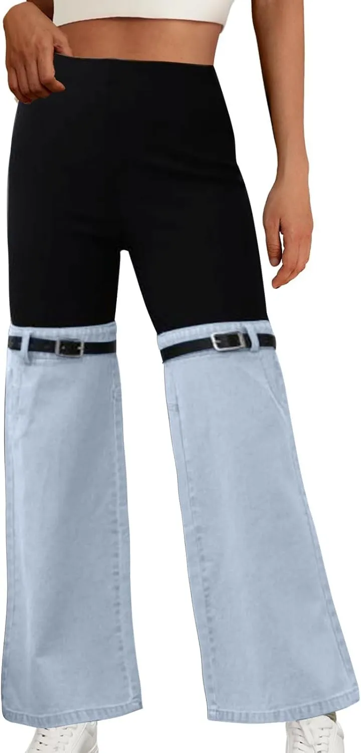 Women Patchwork Flare Jeans Stretch High Waisted Bell Bottom Denim Pants Wide Leg Fashion Y2k Color Block Trousers