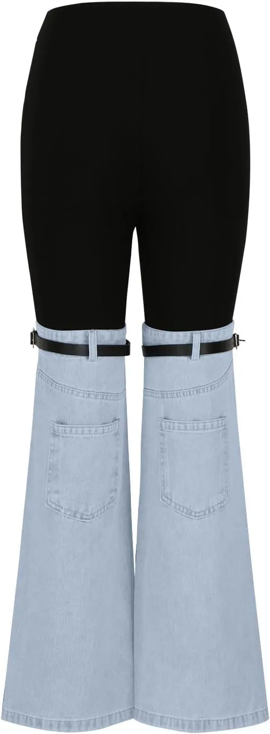 Women Patchwork Flare Jeans Stretch High Waisted Bell Bottom Denim Pants Wide Leg Fashion Y2k Color Block Trousers