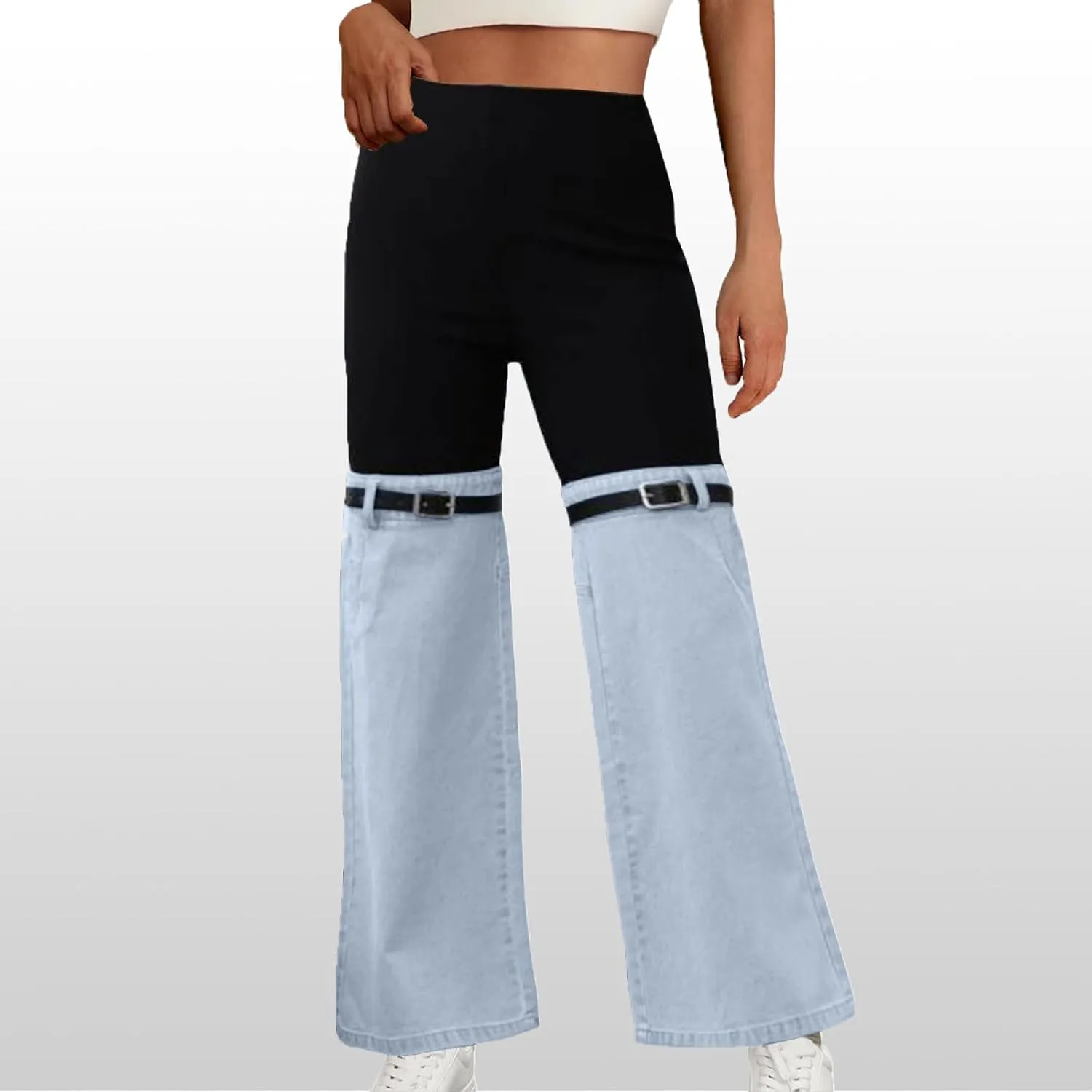 Women Patchwork Flare Jeans Stretch High Waisted Bell Bottom Denim Pants Wide Leg Fashion Y2k Color Block Trousers