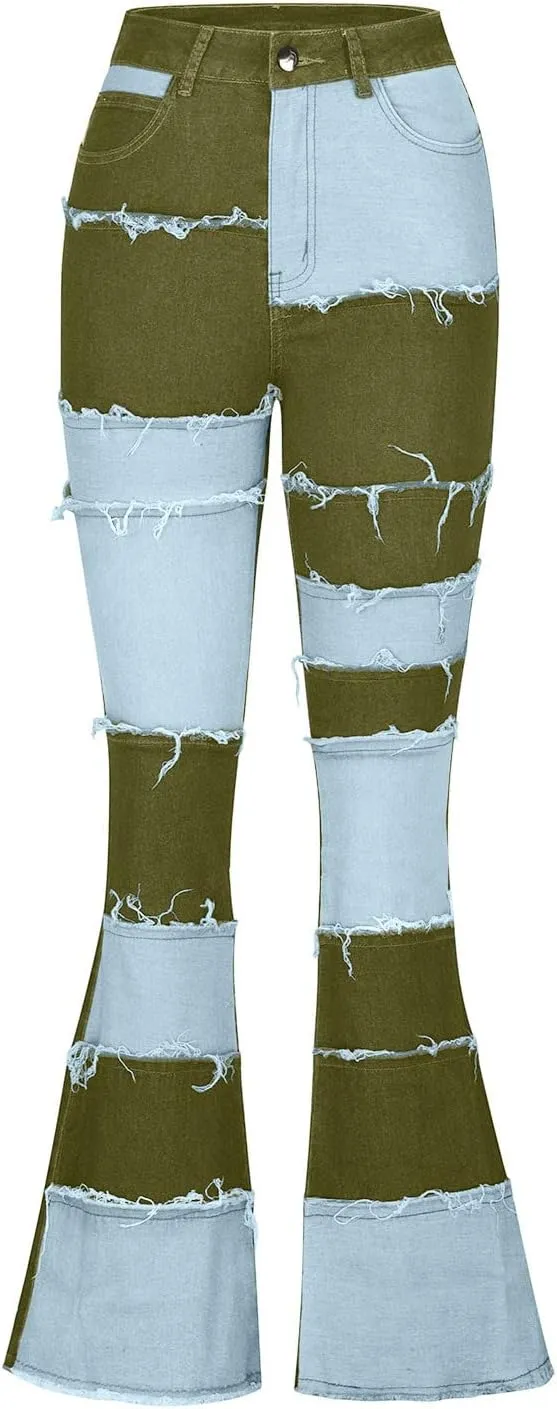 Women Patchwork Flare Jeans Stretch High Waisted Bell Bottom Fashion Raw Hem Denim Pants Distressed Straight Denim