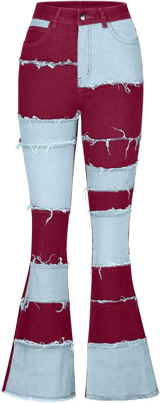Women Patchwork Flare Jeans Stretch High Waisted Bell Bottom Fashion Raw Hem Denim Pants Distressed Straight Denim