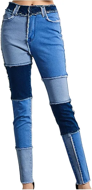Women Patchwork Straight Leg Jeans High Waisted Stretch Frayed Raw Hem Skinny Slim Fit Vintage Distressed Denim Pants
