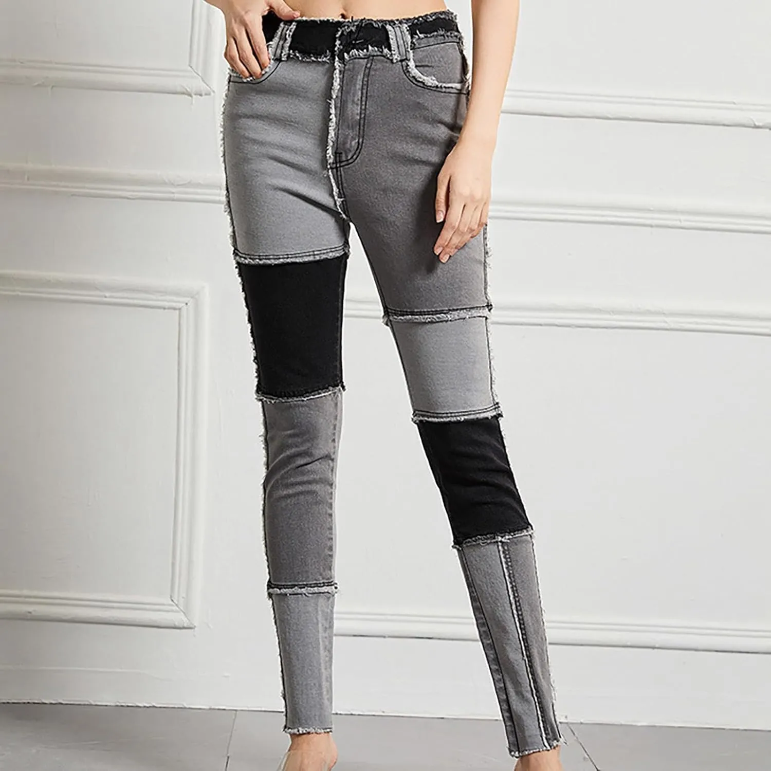 Women Patchwork Straight Leg Jeans High Waisted Stretch Frayed Raw Hem Skinny Slim Fit Vintage Distressed Denim Pants