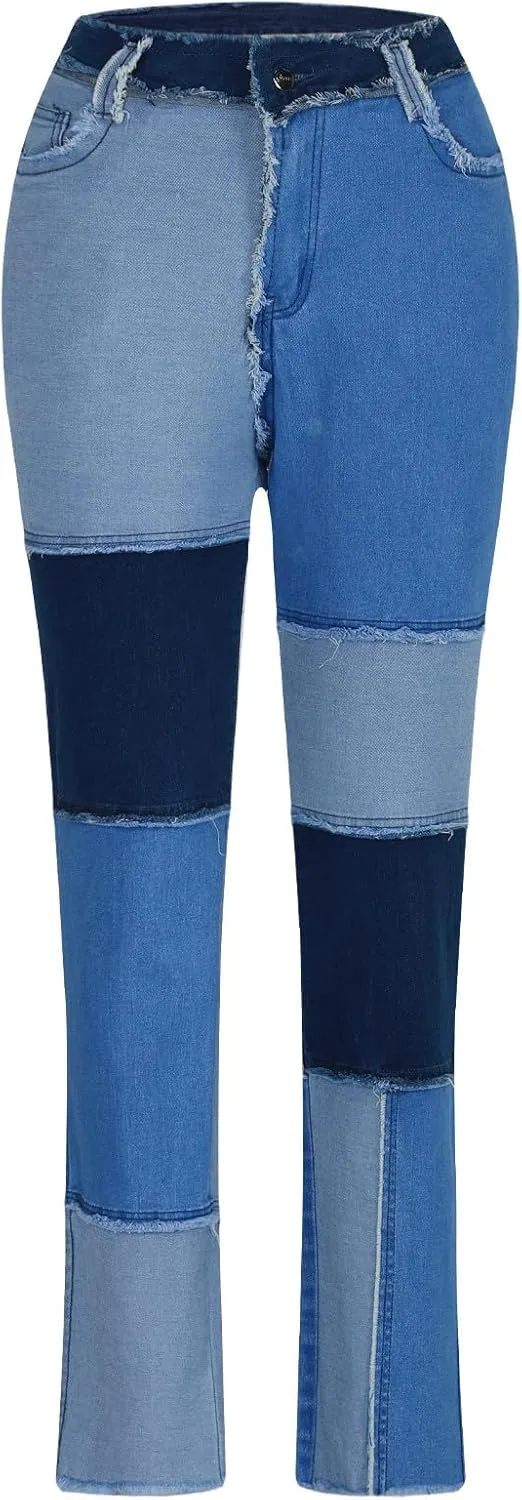 Women Patchwork Straight Leg Jeans High Waisted Stretch Frayed Raw Hem Skinny Slim Fit Vintage Distressed Denim Pants