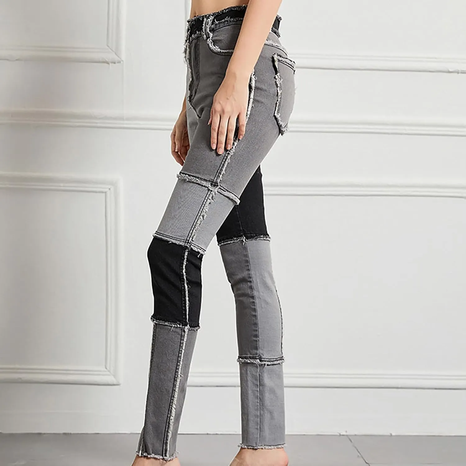 Women Patchwork Straight Leg Jeans High Waisted Stretch Frayed Raw Hem Skinny Slim Fit Vintage Distressed Denim Pants