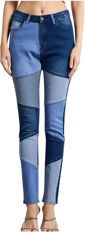 Women Patchwork Straight Leg Jeans High Waisted Stretch Frayed Raw Hem Skinny Slim Fit Vintage Distressed Denim Pants