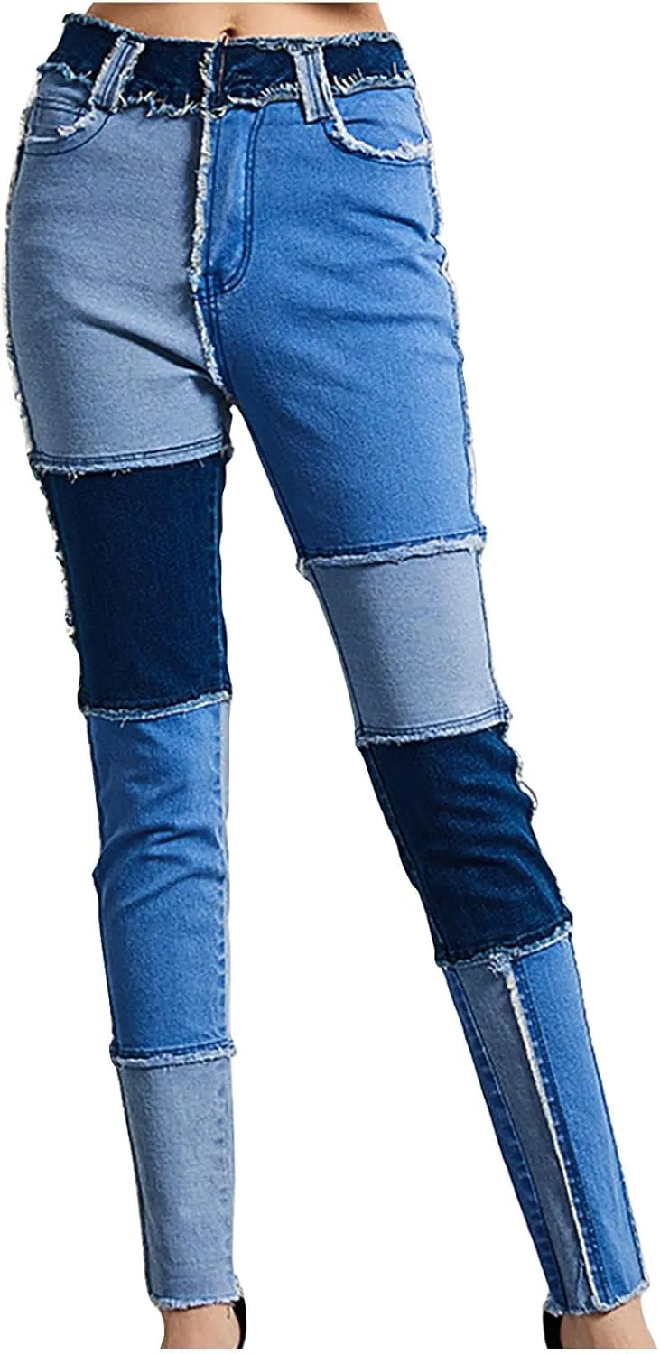 Women Patchwork Straight Leg Jeans High Waisted Stretch Frayed Raw Hem Skinny Slim Fit Vintage Distressed Denim Pants