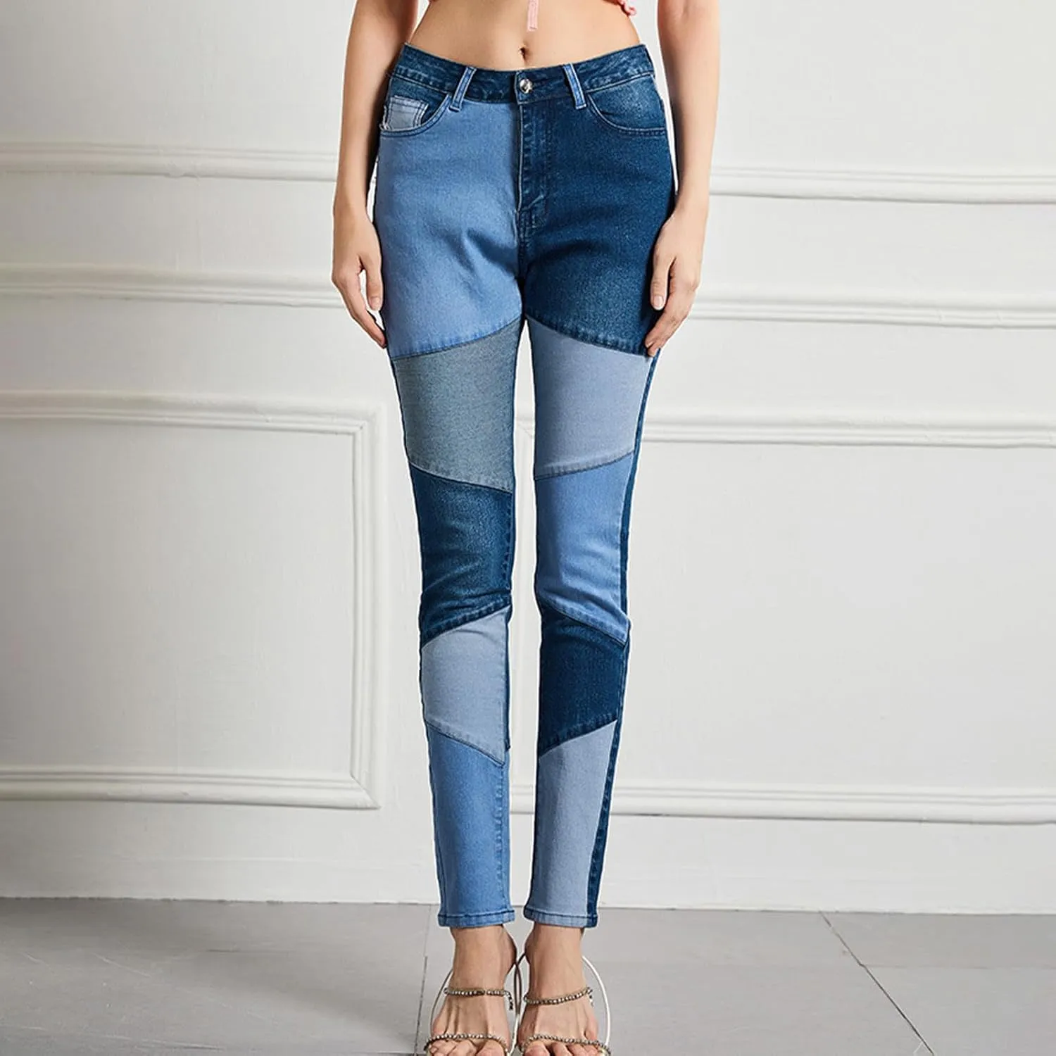 Women Patchwork Straight Leg Jeans High Waisted Stretch Frayed Raw Hem Skinny Slim Fit Vintage Distressed Denim Pants