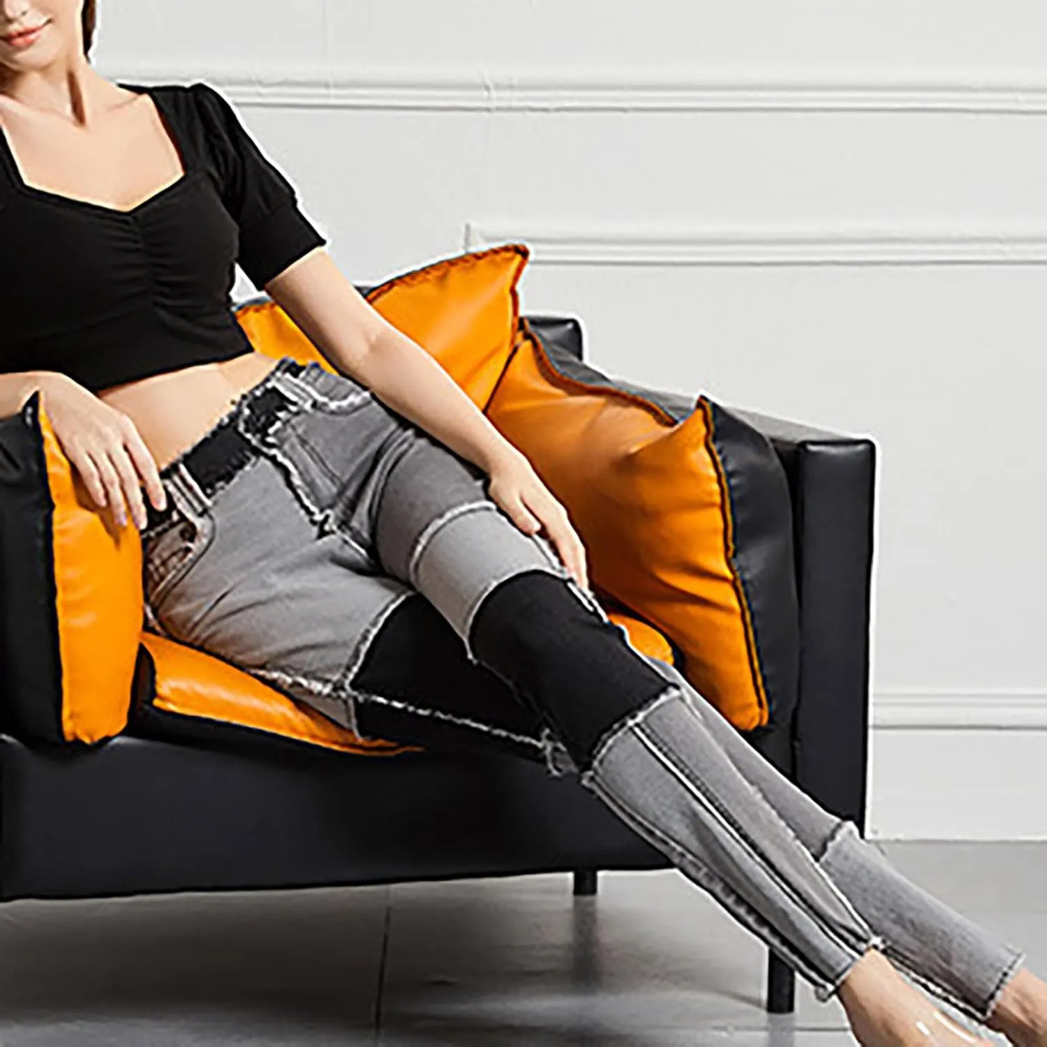 Women Patchwork Straight Leg Jeans High Waisted Stretch Frayed Raw Hem Skinny Slim Fit Vintage Distressed Denim Pants