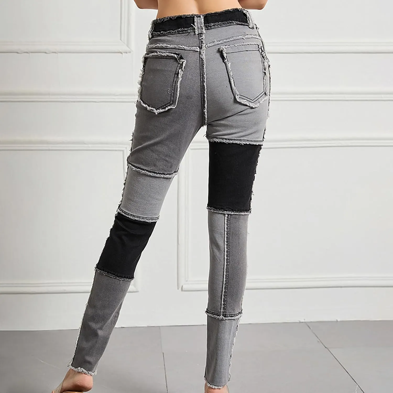 Women Patchwork Straight Leg Jeans High Waisted Stretch Frayed Raw Hem Skinny Slim Fit Vintage Distressed Denim Pants