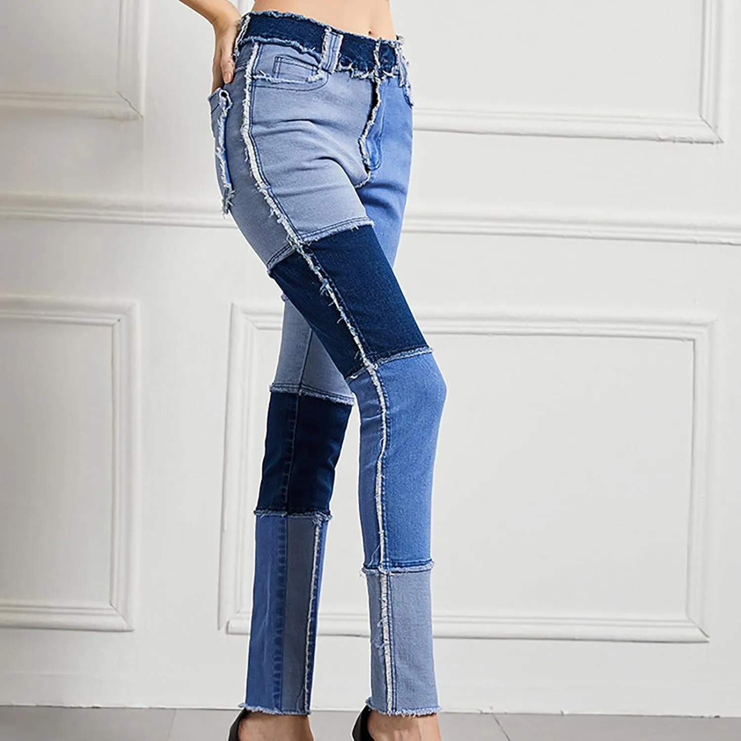 Women Patchwork Straight Leg Jeans High Waisted Stretch Frayed Raw Hem Skinny Slim Fit Vintage Distressed Denim Pants
