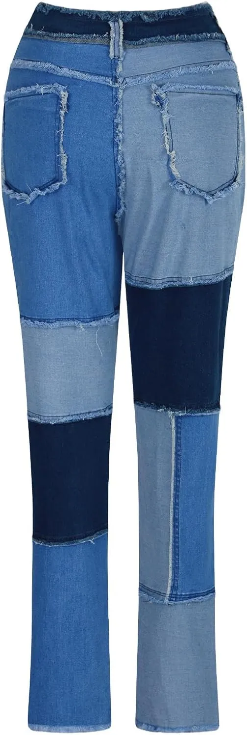 Women Patchwork Straight Leg Jeans High Waisted Stretch Frayed Raw Hem Skinny Slim Fit Vintage Distressed Denim Pants