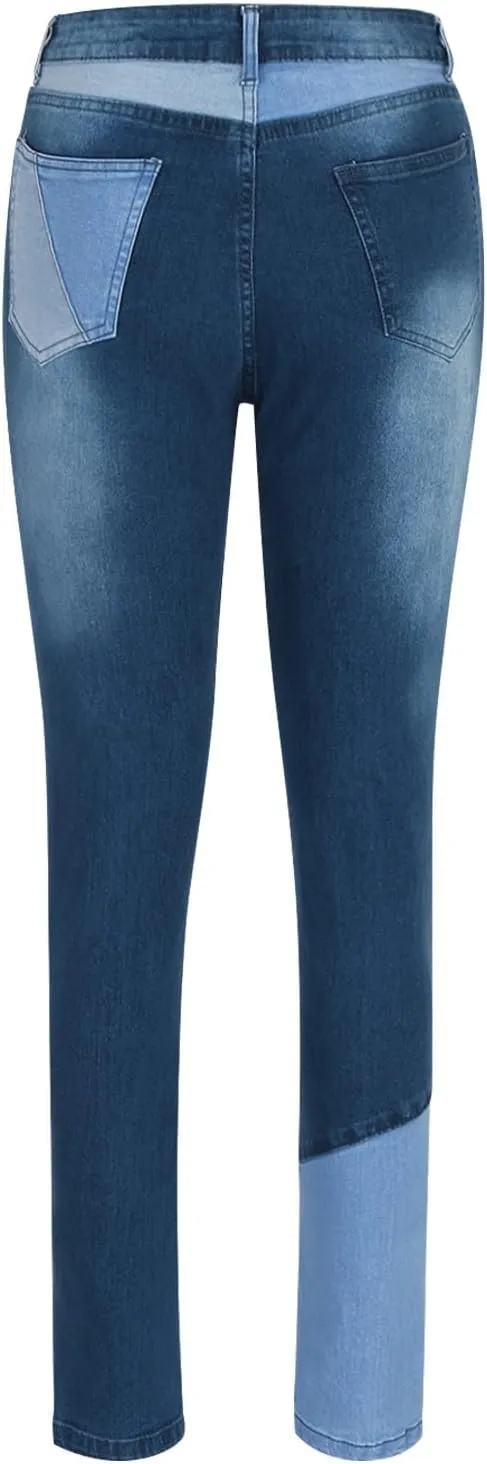 Women Patchwork Straight Leg Jeans High Waisted Stretch Frayed Raw Hem Skinny Slim Fit Vintage Distressed Denim Pants