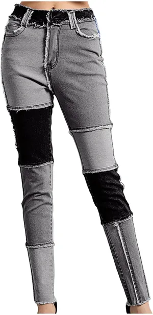 Women Patchwork Straight Leg Jeans High Waisted Stretch Frayed Raw Hem Skinny Slim Fit Vintage Distressed Denim Pants