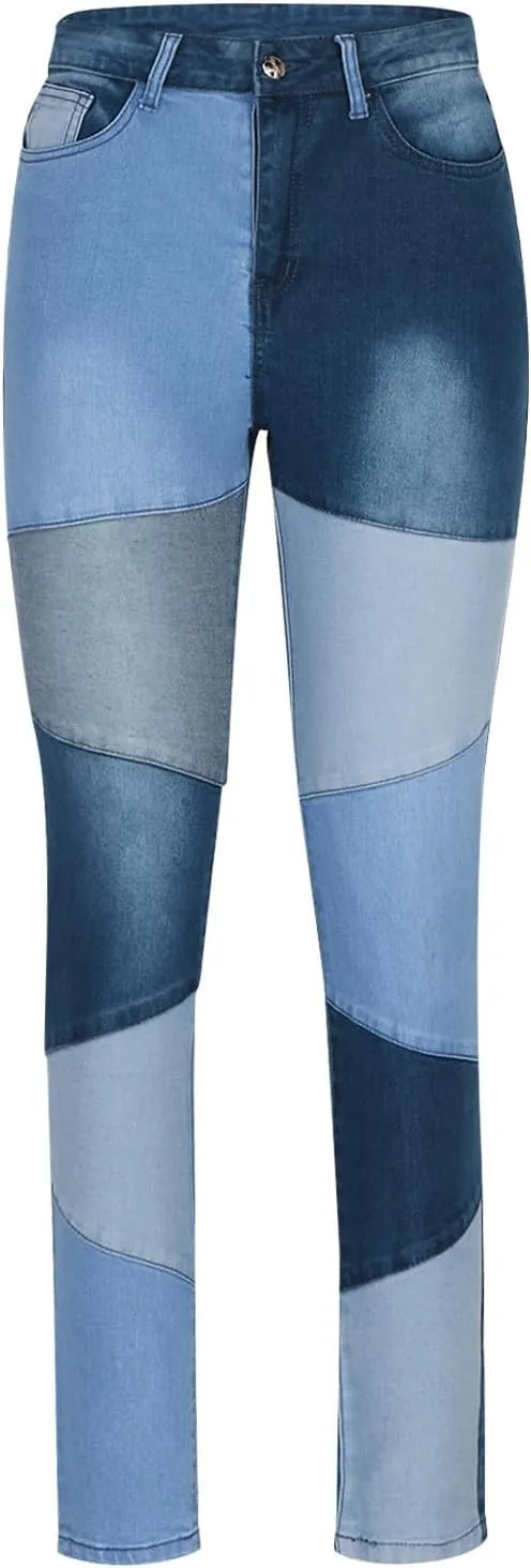 Women Patchwork Straight Leg Jeans High Waisted Stretch Frayed Raw Hem Skinny Slim Fit Vintage Distressed Denim Pants