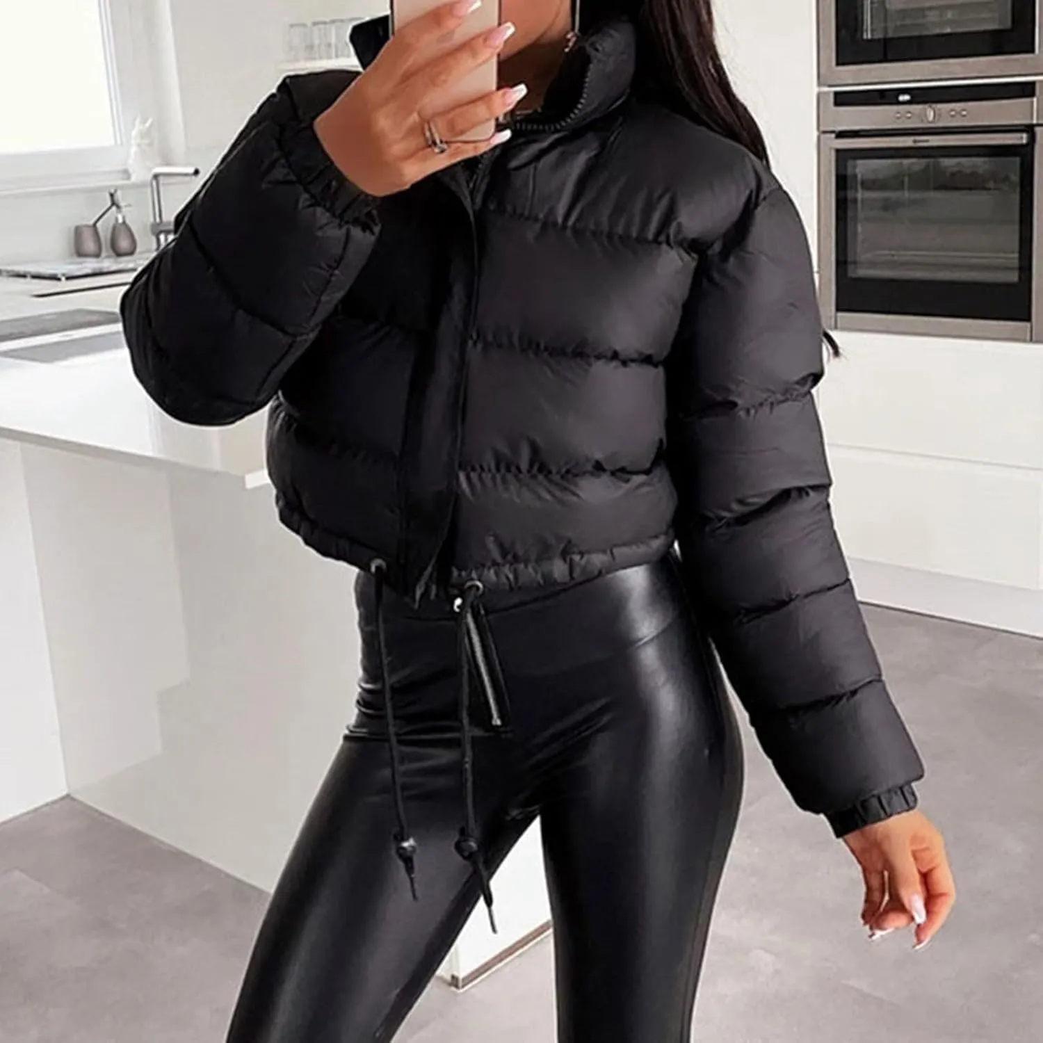 Women Puffer Coat Cropped Puffer Jacket Winter Shiny Zip Up Short Bubble Puffy Coats Short Padded Down Coat
