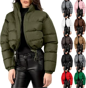 Women Puffer Coat Cropped Puffer Jacket Winter Shiny Zip Up Short Bubble Puffy Coats Short Padded Down Coat