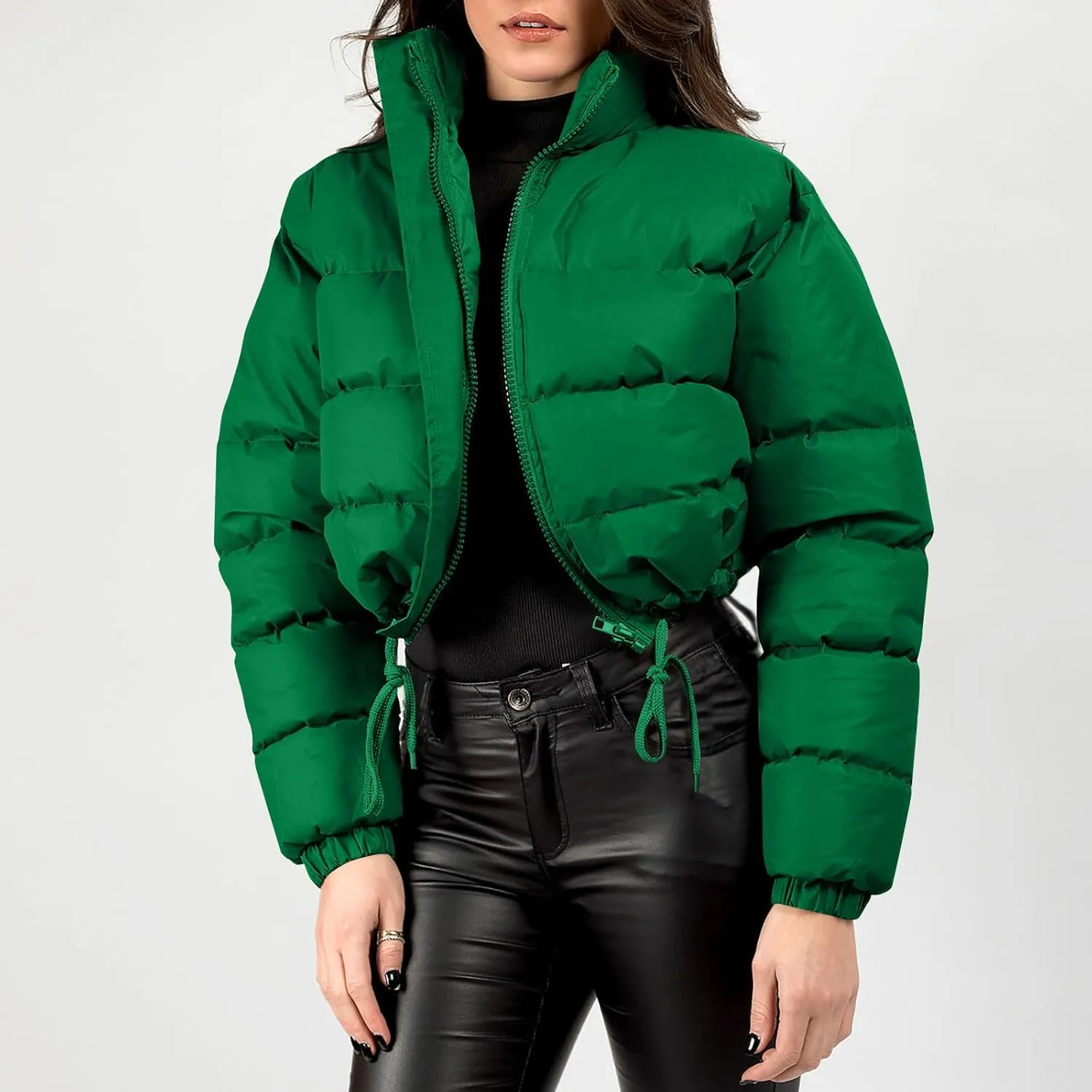 Women Puffer Coat Cropped Puffer Jacket Winter Shiny Zip Up Short Bubble Puffy Coats Short Padded Down Coat