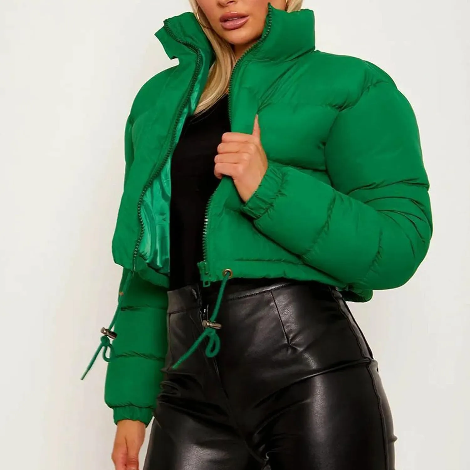 Women Puffer Coat Cropped Puffer Jacket Winter Shiny Zip Up Short Bubble Puffy Coats Short Padded Down Coat