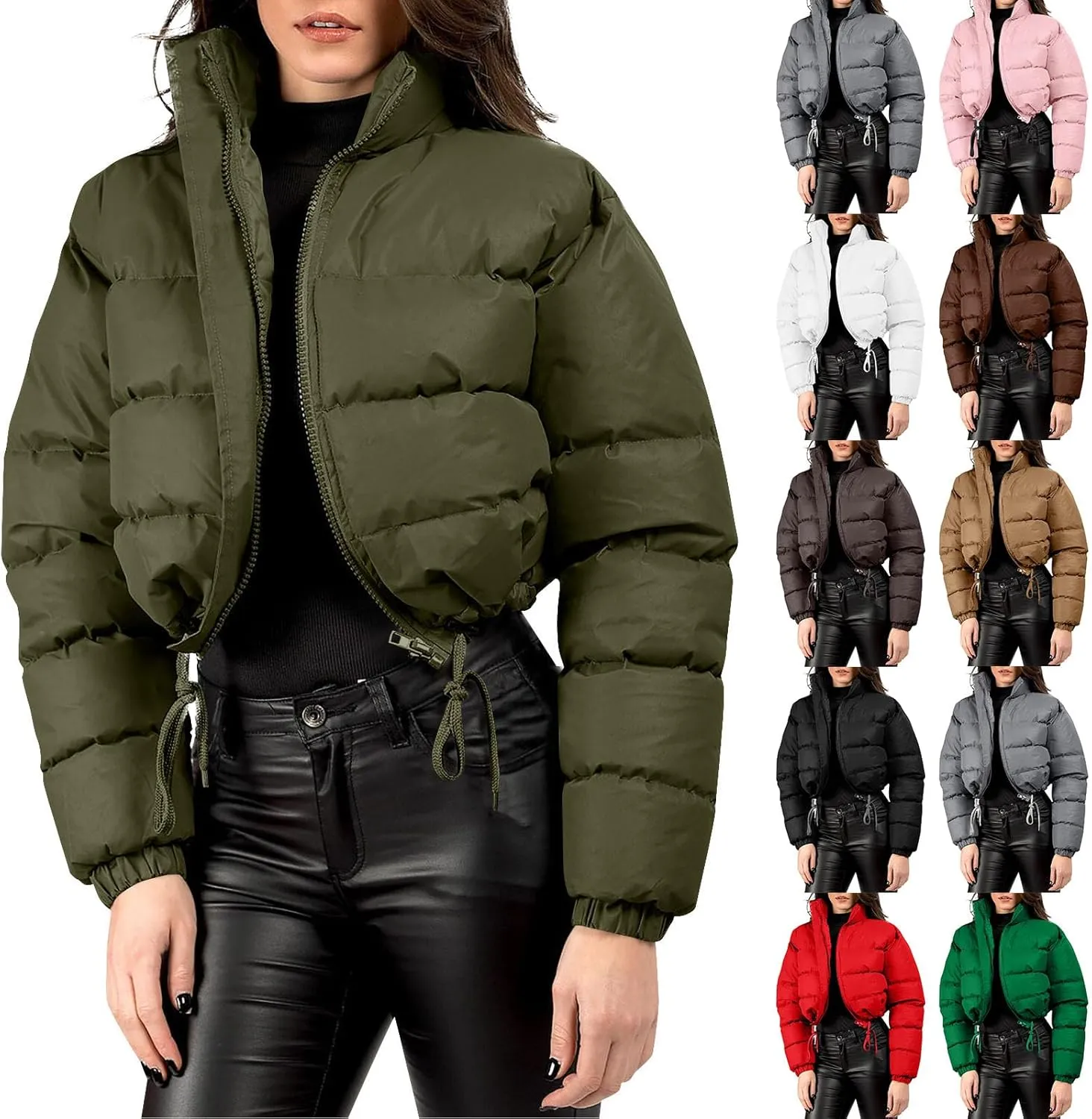 Women Puffer Coat Cropped Puffer Jacket Winter Shiny Zip Up Short Bubble Puffy Coats Short Padded Down Coat