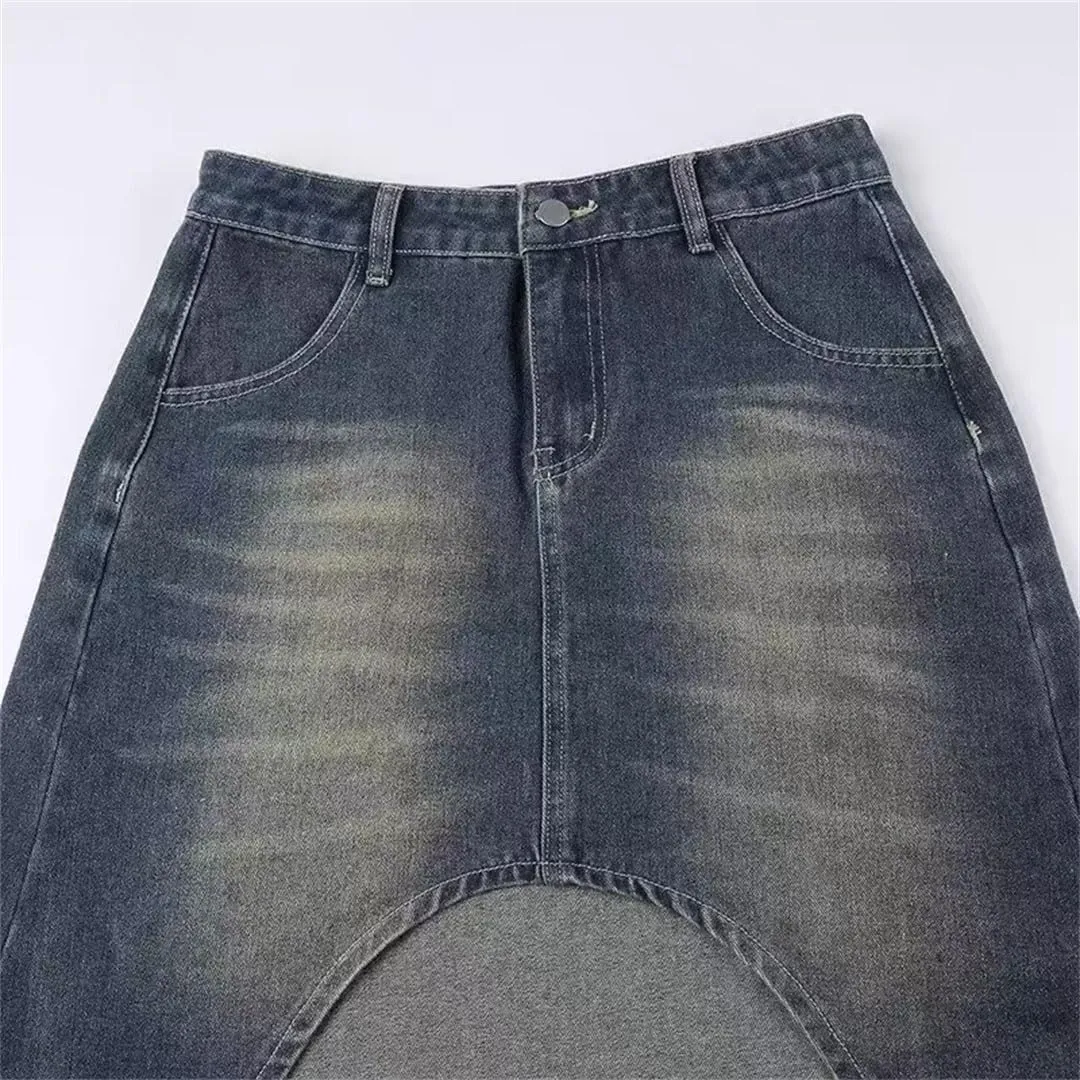 Women Retro Irregular Denim Skirt High Waist Streetwear Vintage Washed Midi Jeans Skirt