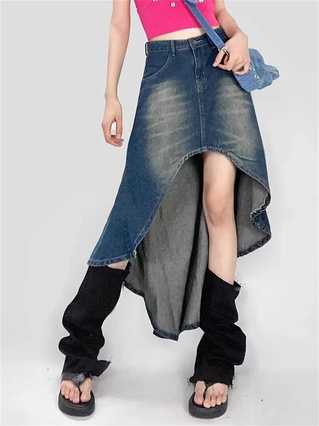 Women Retro Irregular Denim Skirt High Waist Streetwear Vintage Washed Midi Jeans Skirt