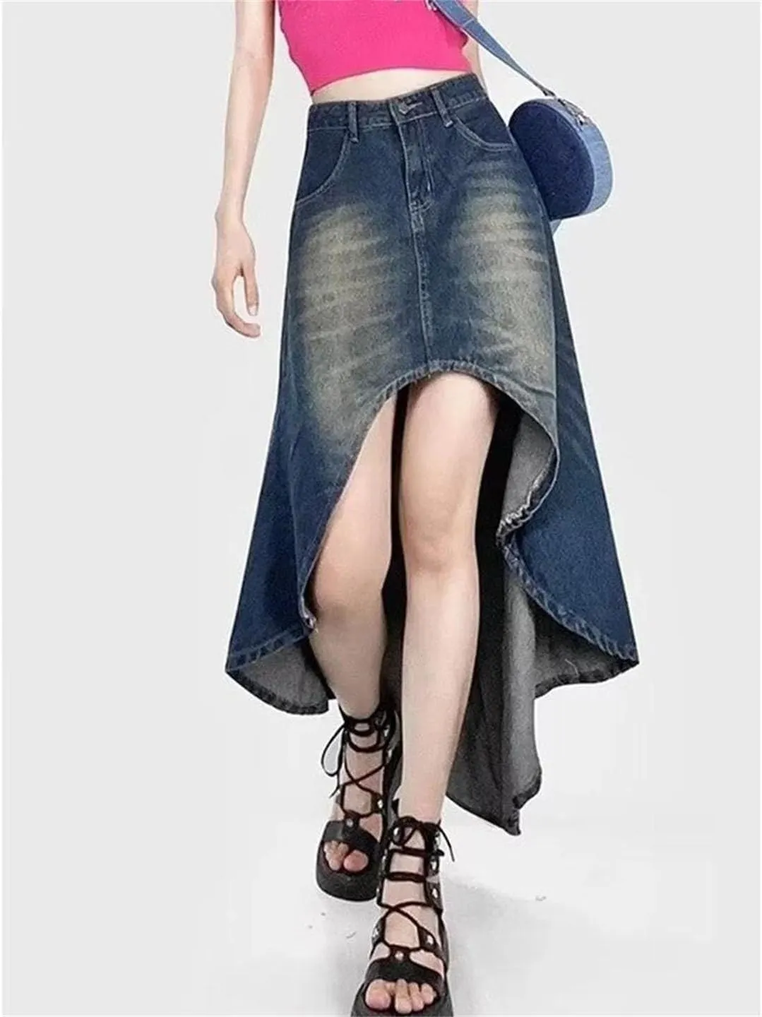Women Retro Irregular Denim Skirt High Waist Streetwear Vintage Washed Midi Jeans Skirt